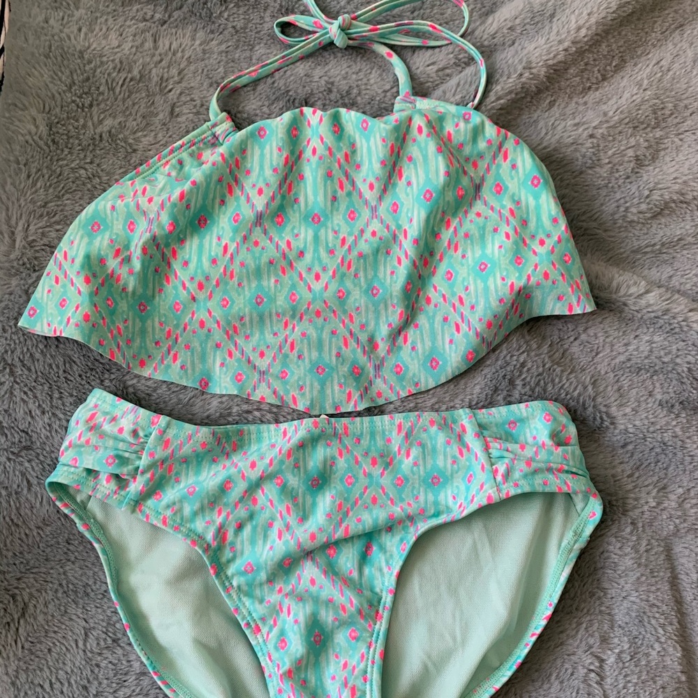 Pink and Teal ruffle bikini set